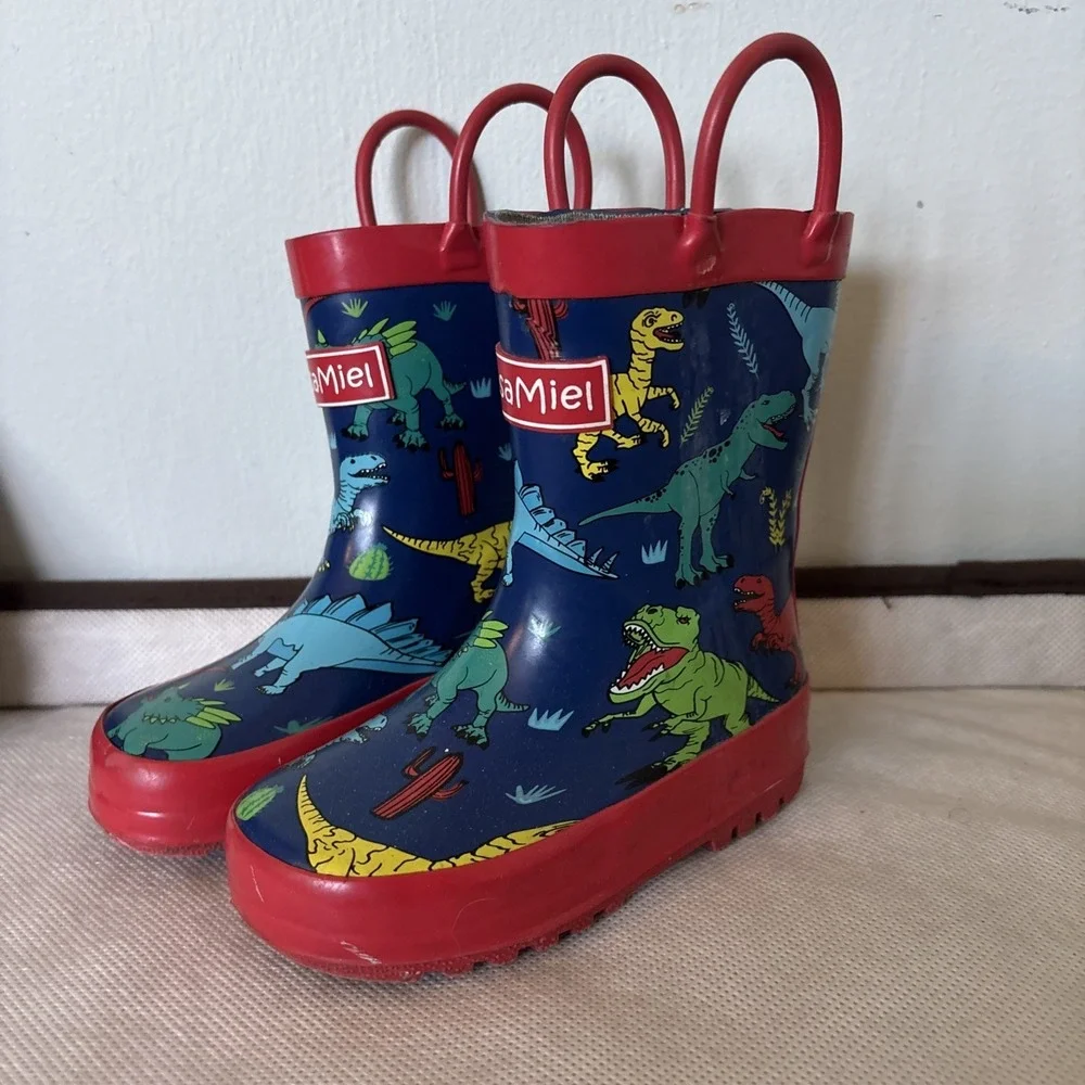CasaMiel Kids Size 5 Dinosaur Rain Boots‎ Pre-Owned Pull Up Style